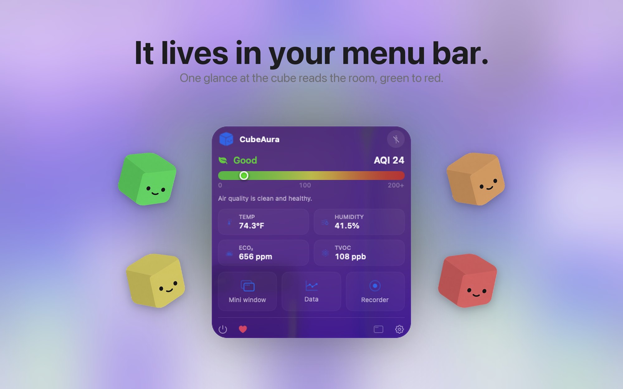 The CubeAura menu bar extra open on macOS, showing a compact summary of current air quality.