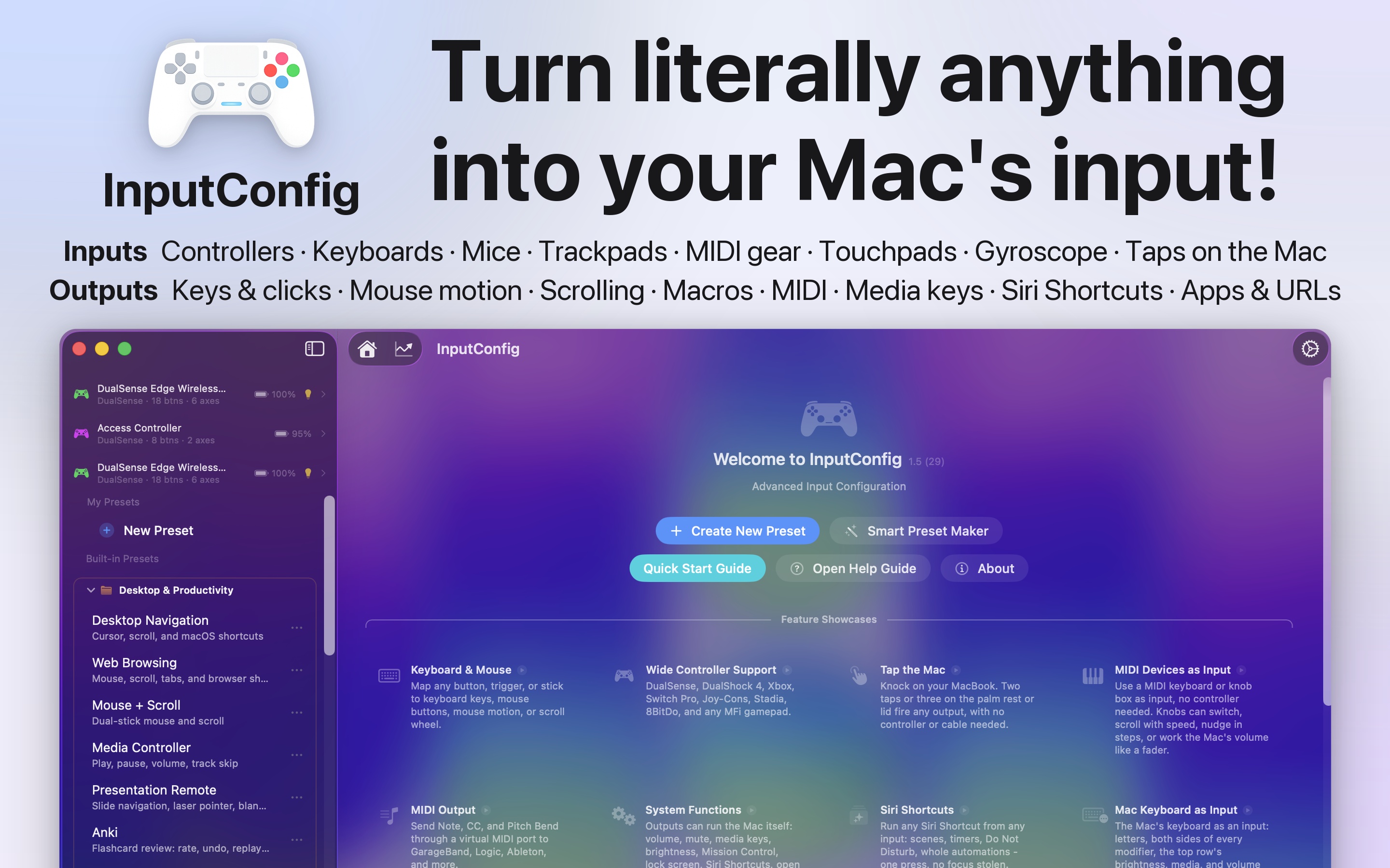 InputConfig on macOS under the headline Any input source, total control.