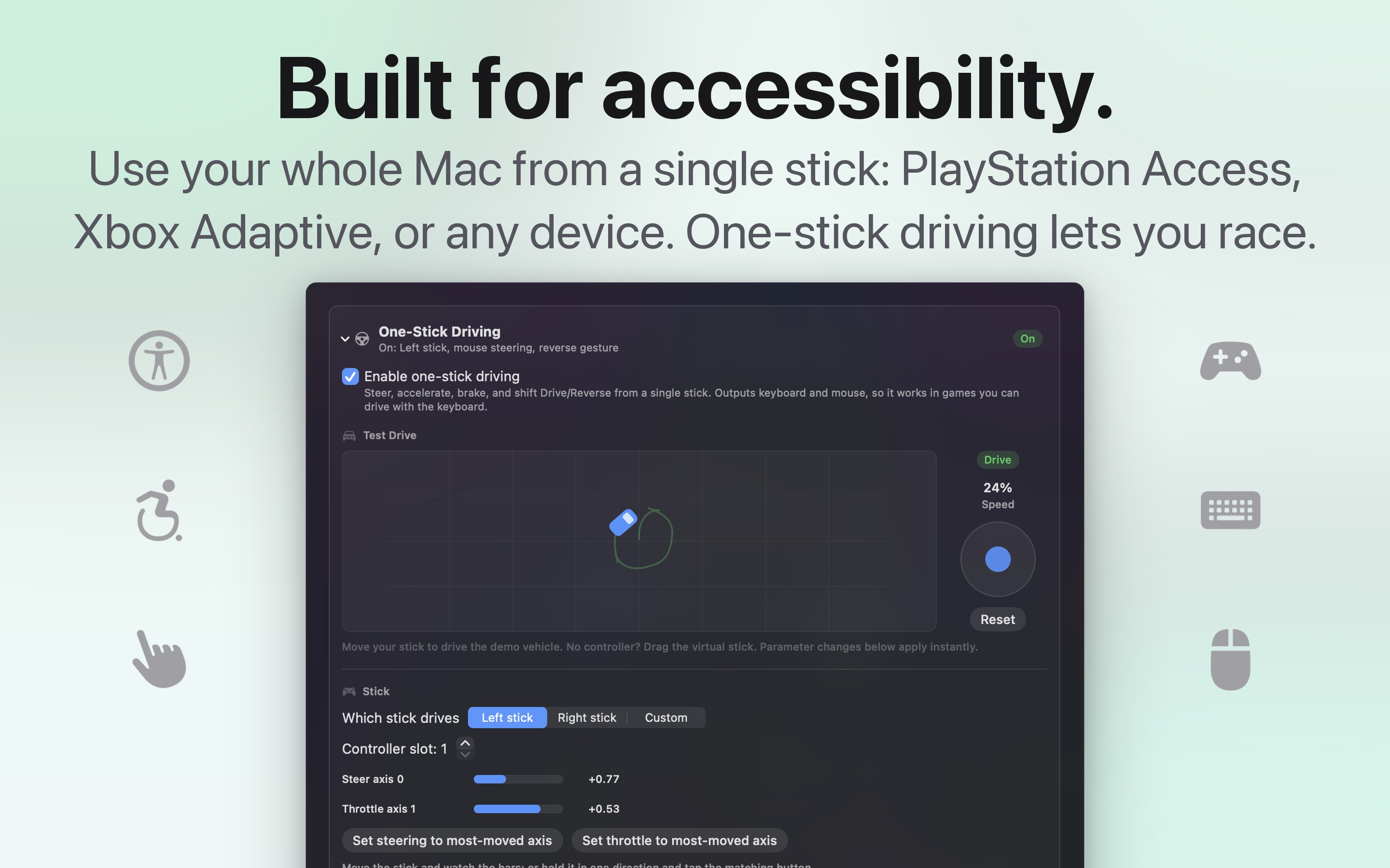 InputConfig driving a Mac from a single joystick, with the PlayStation Access Controller listed as a supported device.