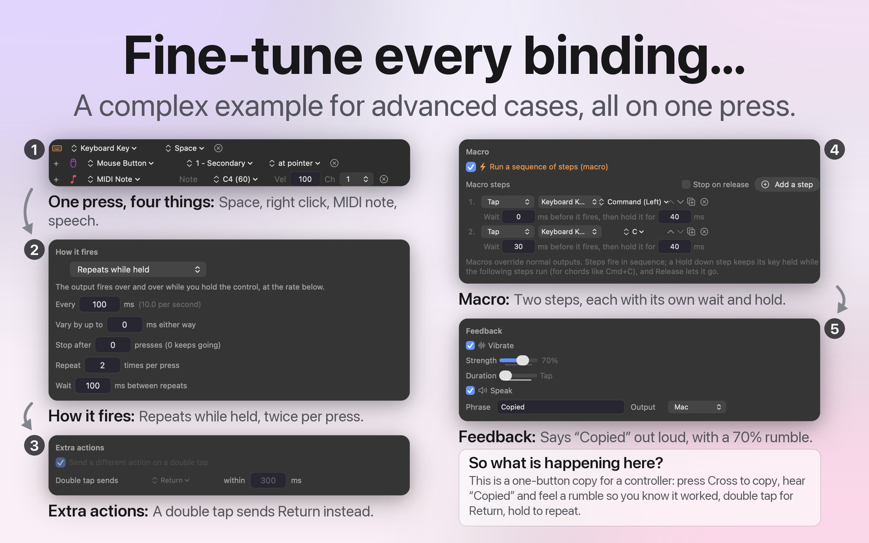 The InputConfig binding options panel with turbo, macros, hold actions, double-tap, haptics, and speech settings.