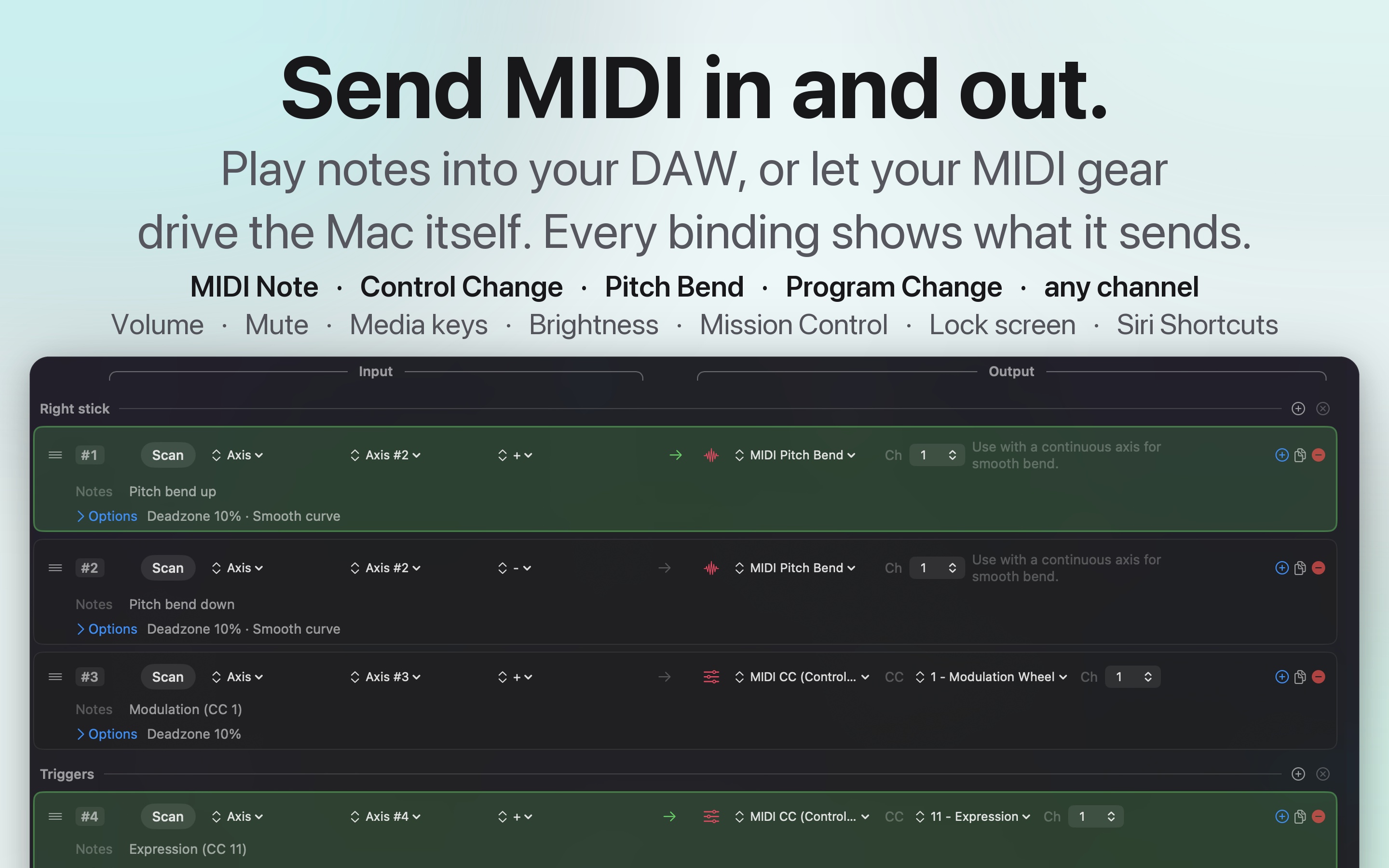 InputConfig output types: MIDI notes and CC, mouse movement, scrolling, macros, and spoken phrases.