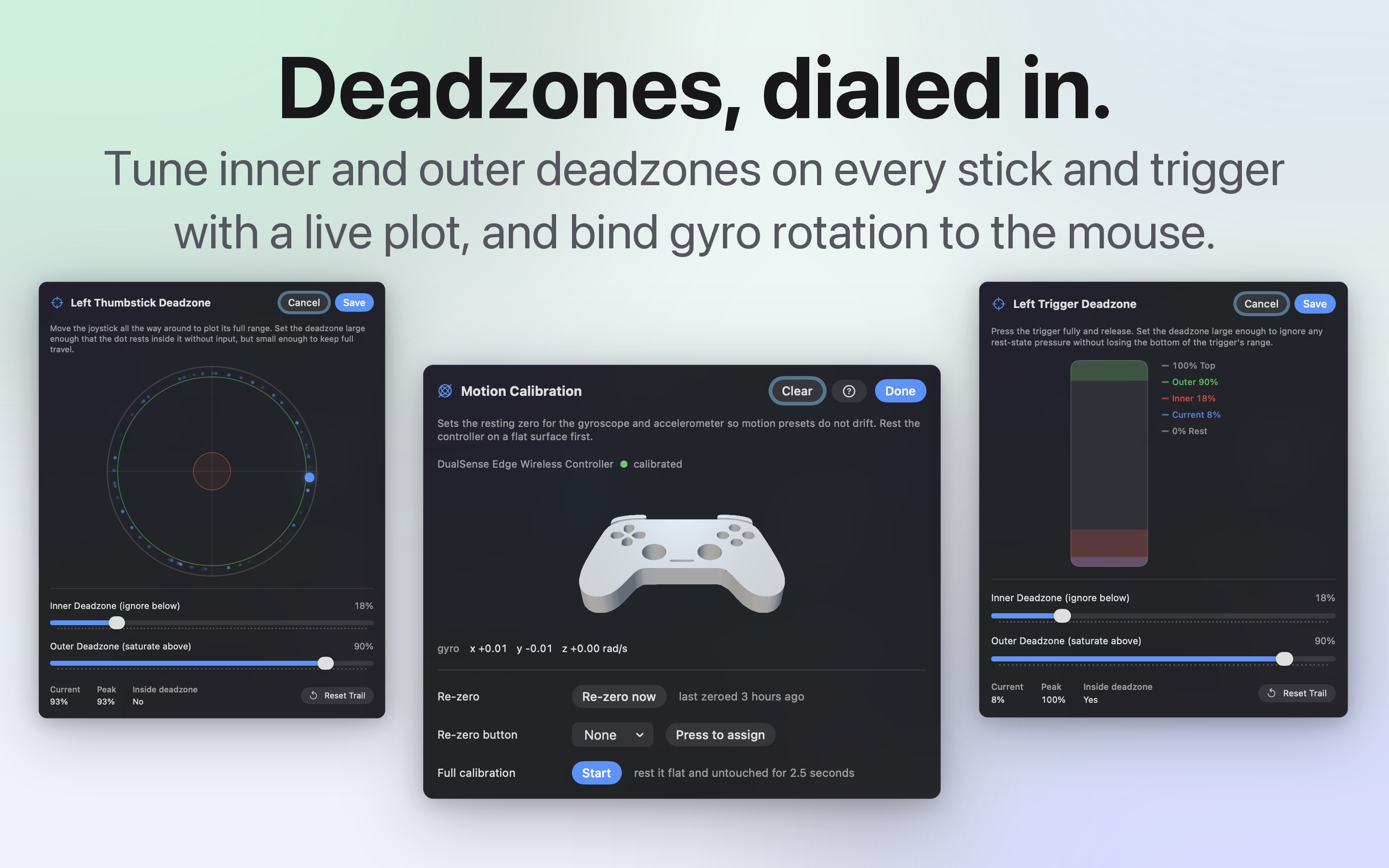 The InputConfig deadzone calibration screen with a live joystick trail and per-stick sliders.