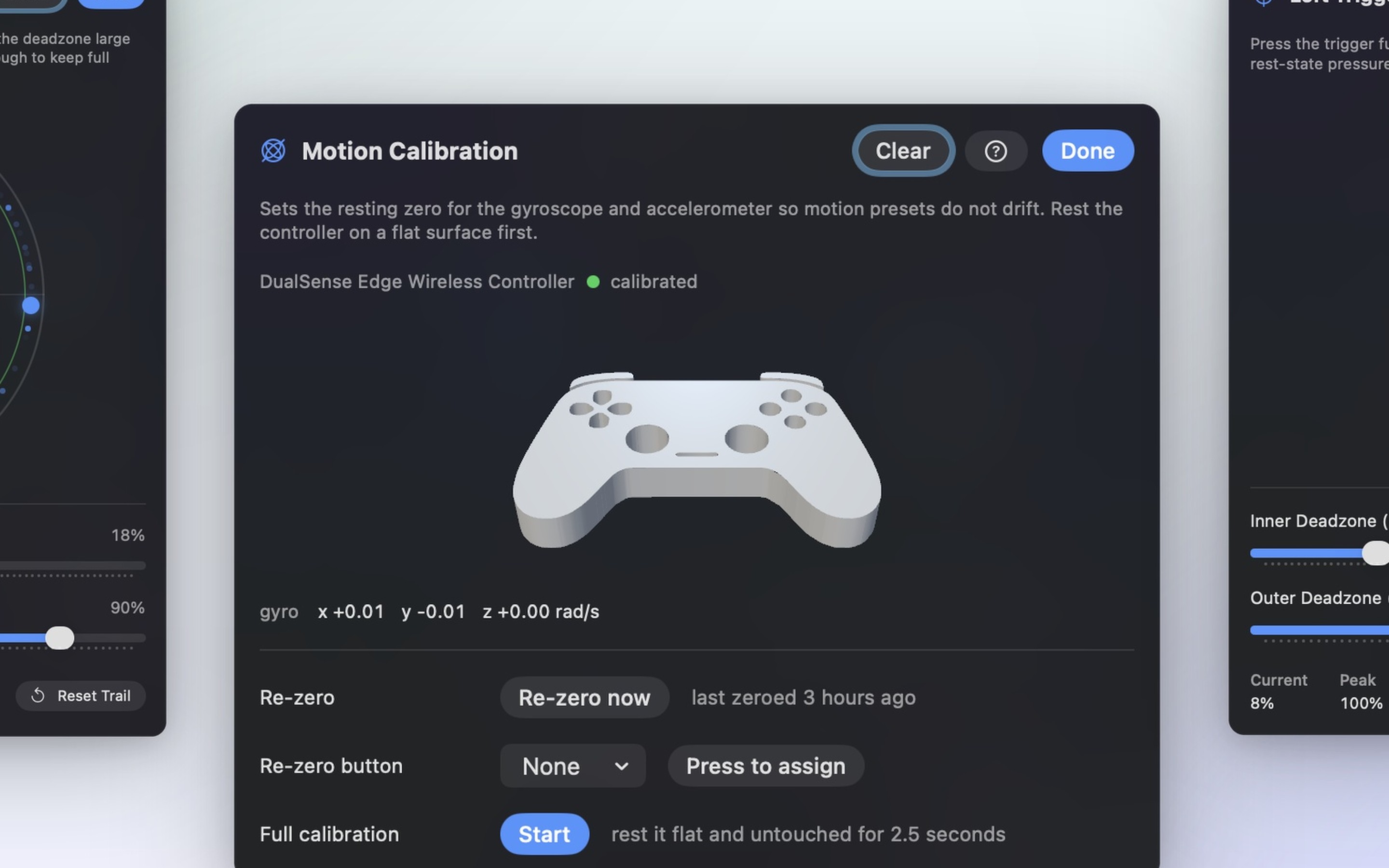 InputConfig Motion Calibration: a 3D model of the controller, live gyro readings, and a Re-zero button, between the two deadzone calibrators.