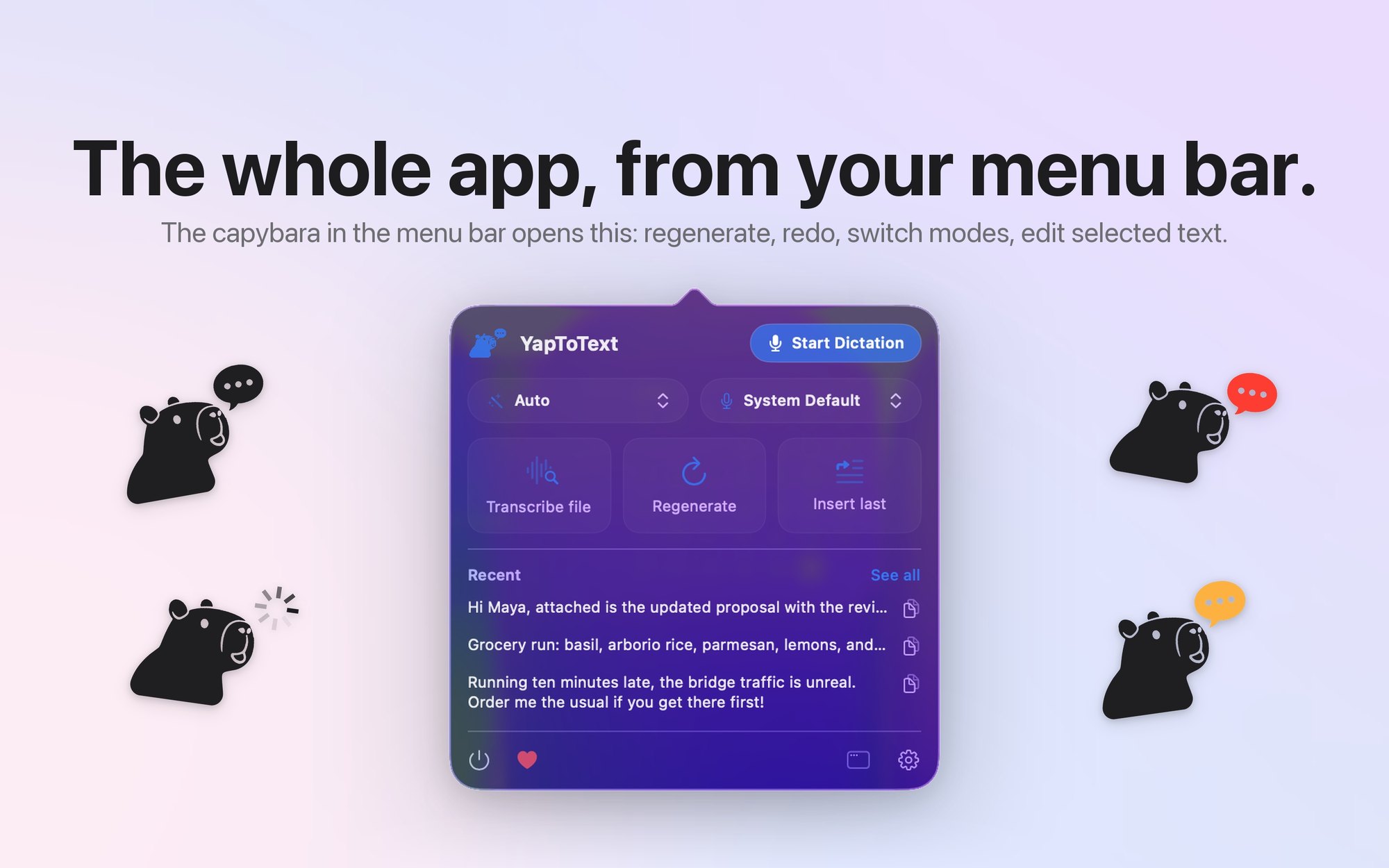 The YapToText menu bar icon and dropdown on macOS.